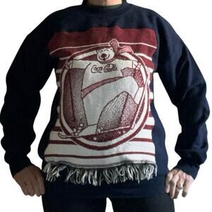 Coca Cola crewneck sweatshirt Upcycled tapestry panel, polar bear skis Med